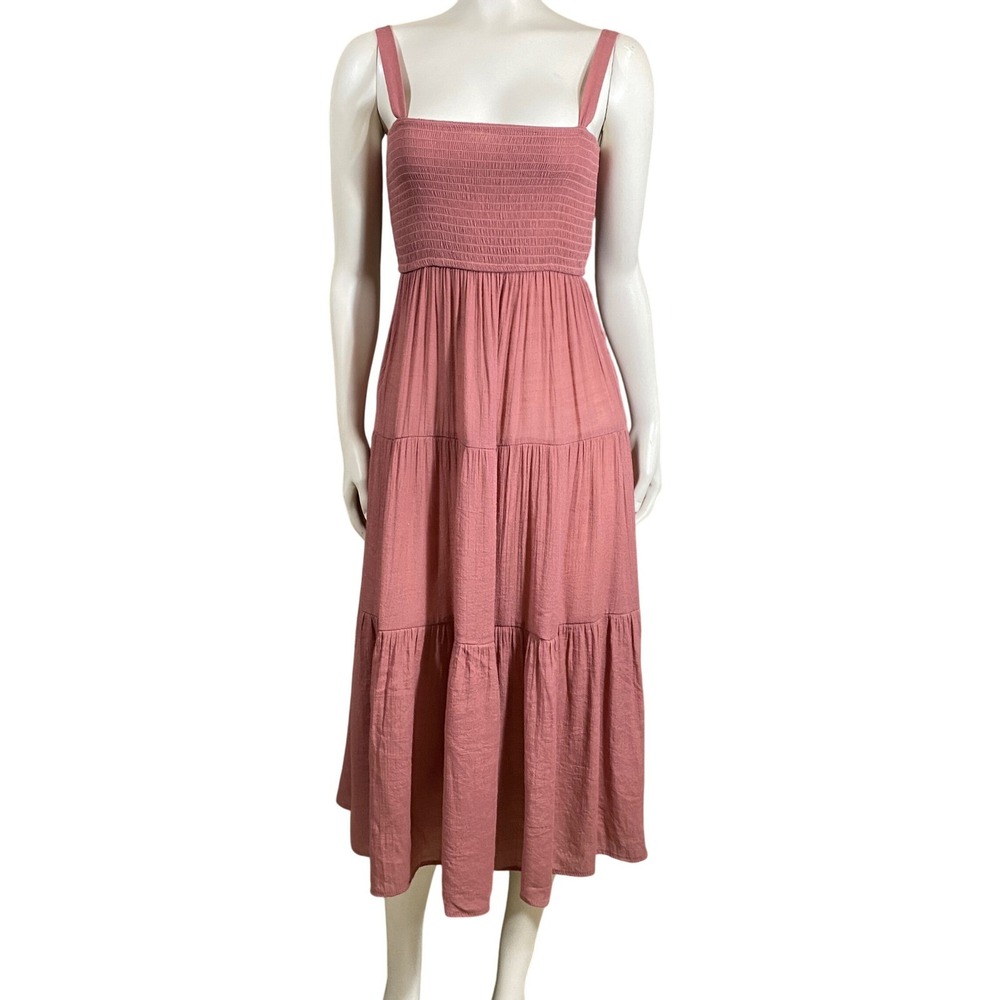Rose Pink Gauze Tiered Midi Dress Size Small Ruched Flowy Boho Cottage Fairy